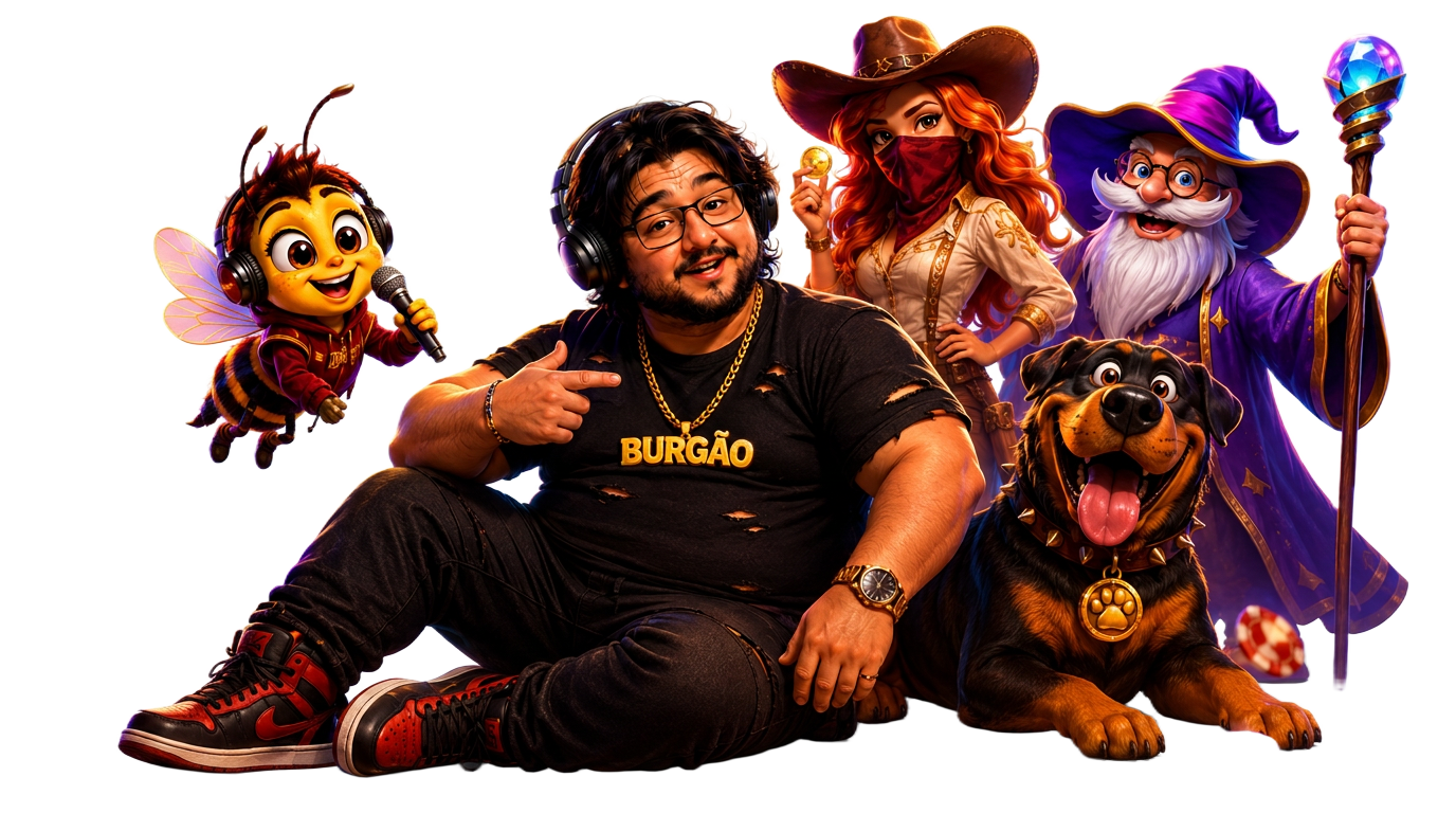 Burgão e os personagens da arena Burgão Games